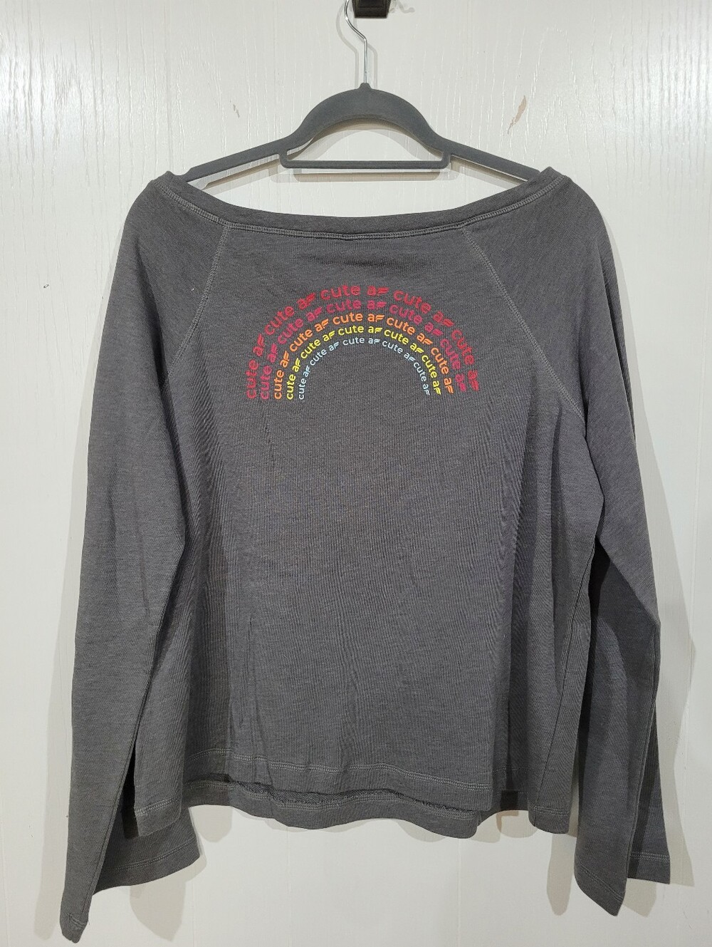 Fabletics Isabel Wide Sleeve Gray Terry Pullover Sweatshirt Rainbow Graphic Sz L